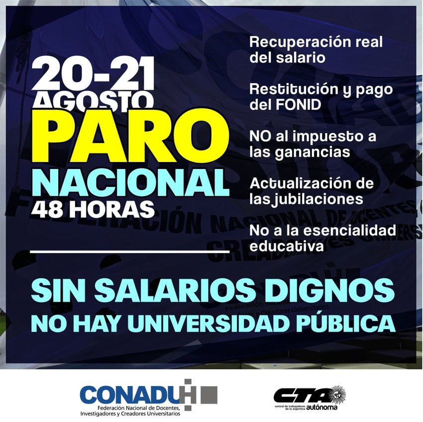 Flyer de razones de la medida de fuerza convocada para este martes 20 y miécoles 21 de agosto por la Fadiunc en Mendoza.