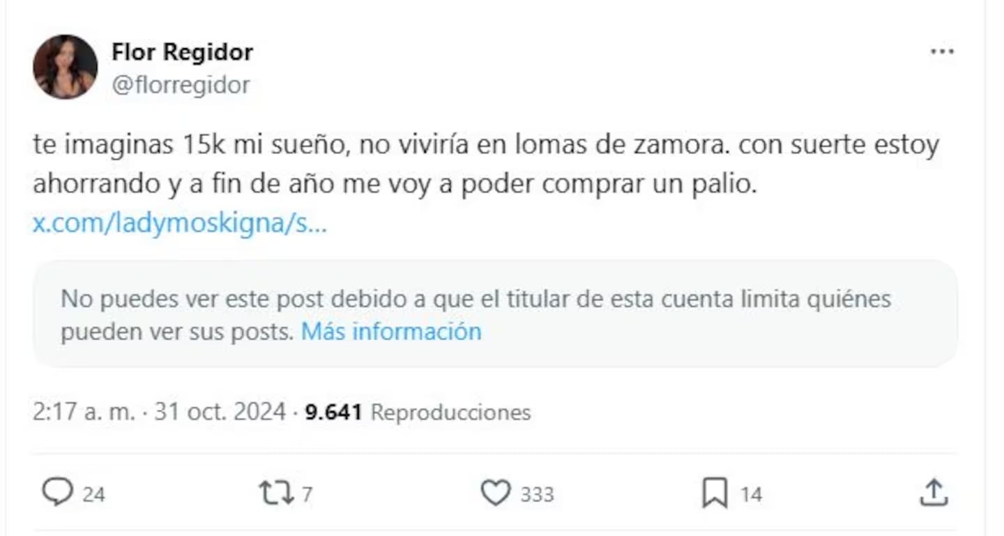 El comentario de Florencia Regidor en su cuenta de X.