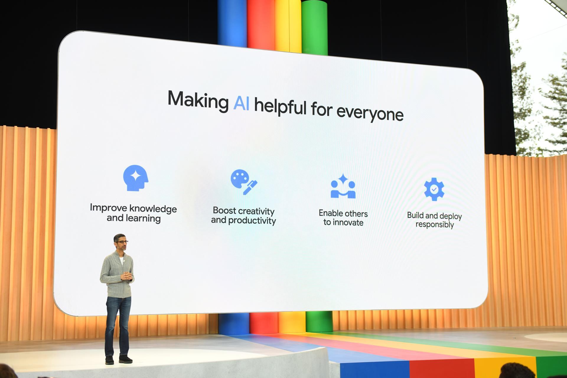 Sundar Pichai, CEO de Google y Alphabet,  interviene durante el evento anual de desarrolladores, Google I/O 2023. Foto: EFE/Google