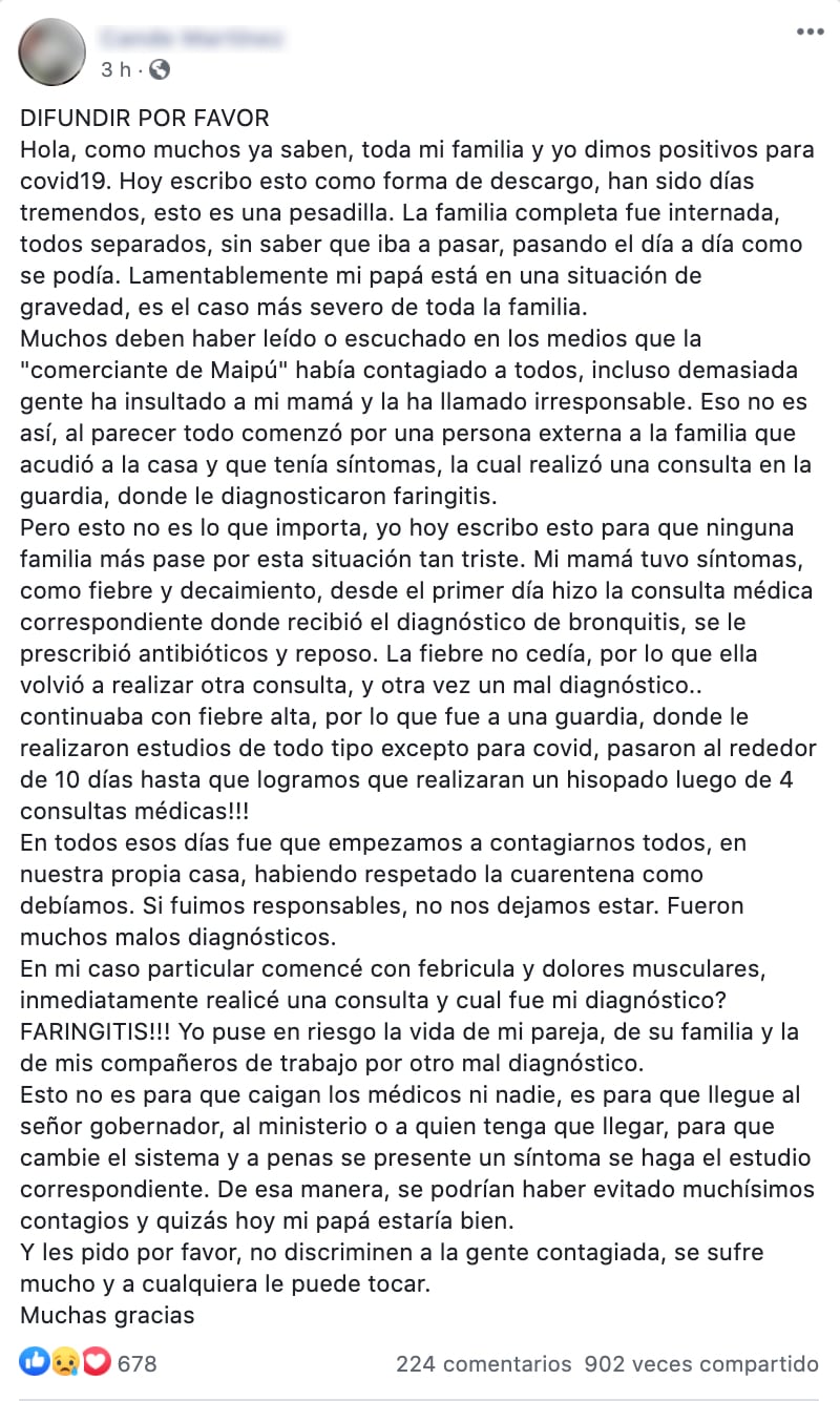 Descargo de una mendocina con coronavirus a través de Facebook contra las autoridades.