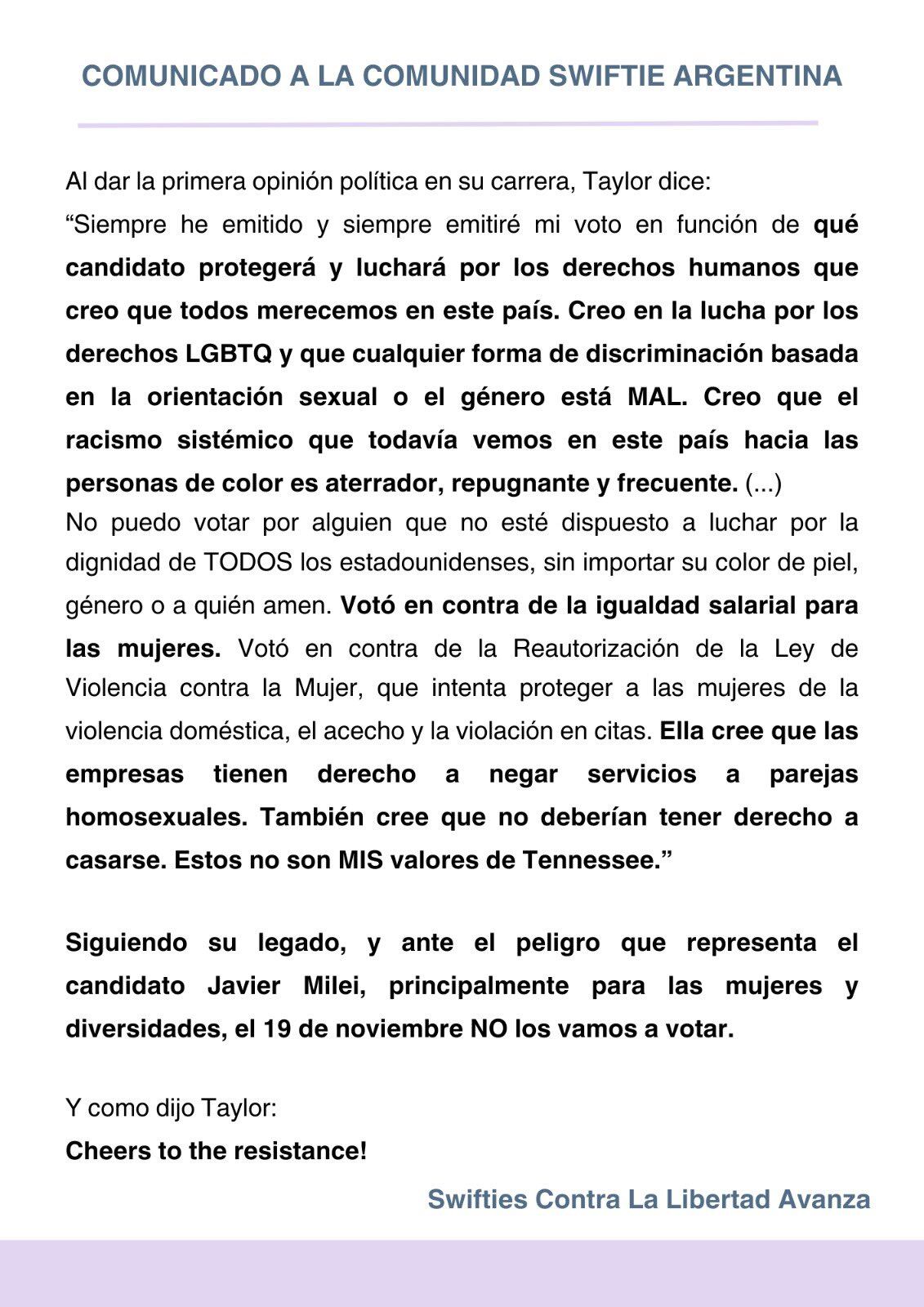 El comunicado de las swifties argentinas en contra de Milei. Foto: X.