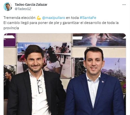 El presidente de la UCR, Tadeo García Zalazar, saludó al gobernador electo en Santa Fe, Maximiliano Pullaro.