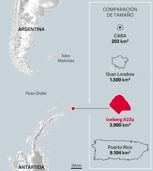 La ubicación del iceberg A23a. Foto: Clarín