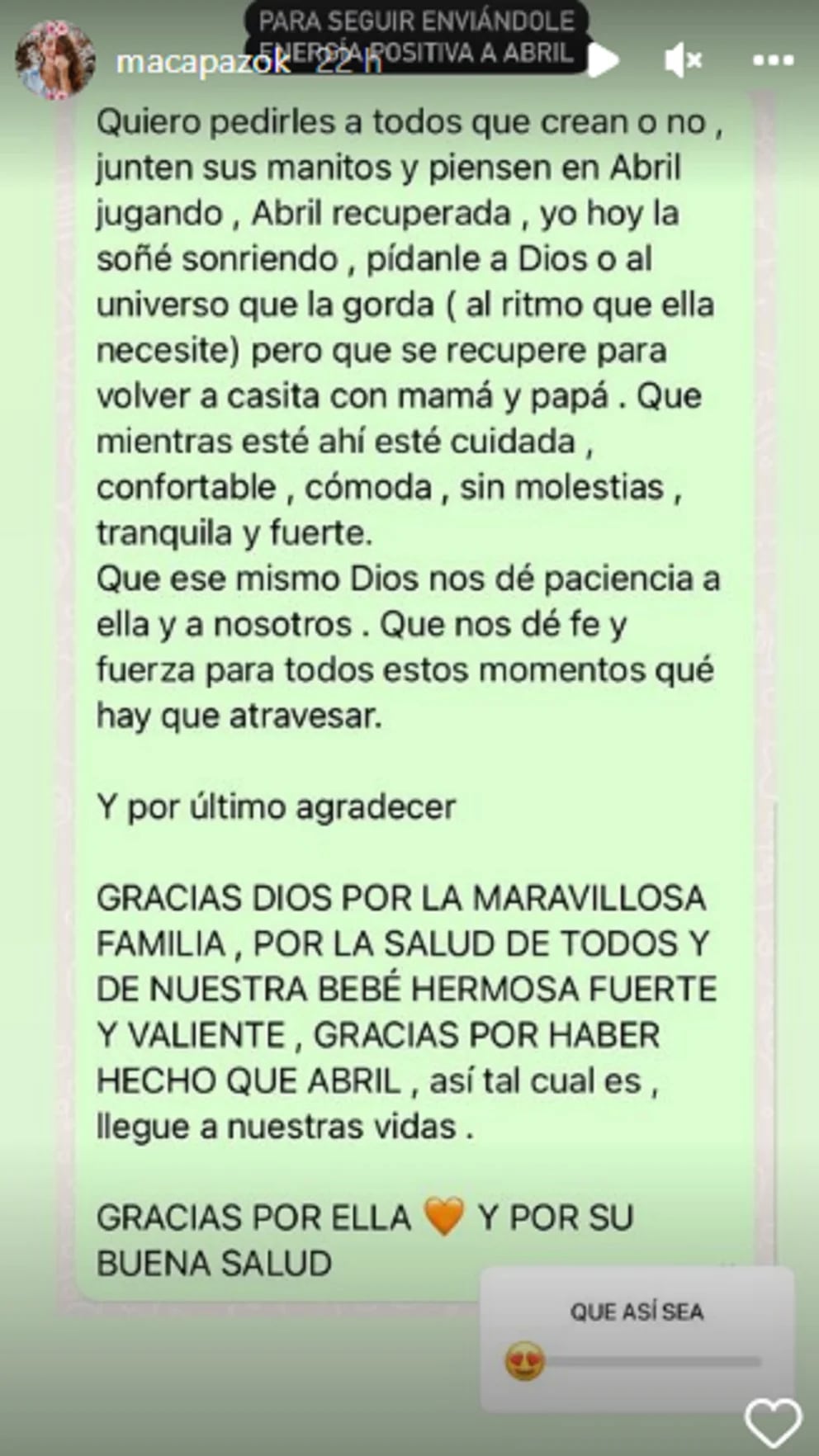 La actriz Macarena Paz pidió que recen por la salud de su hija