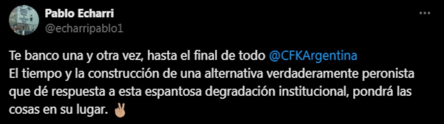 El comentario de apoyo de Pablo Echarri a Cristina Kirchner.