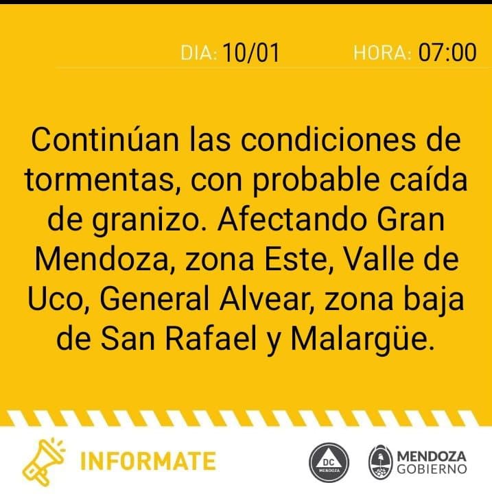 Alerta amarilla por tormentas con posible caída en Mendoza.