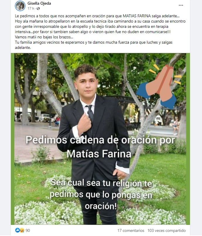 Atropellaron a un joven en Rivadavia y lo dejaron tirado en grave estado. La víctima es Matías Farina (20). / Facebook