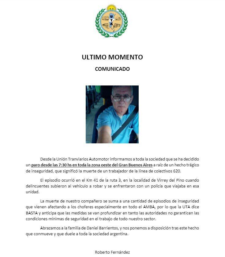 Comunicado de la UTA.