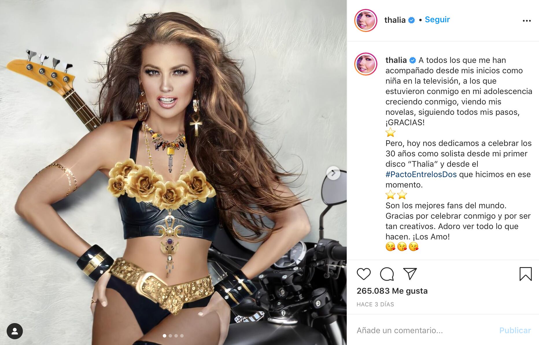 Thalía subió la imagen en celebración de los 30 años de su primer disco.