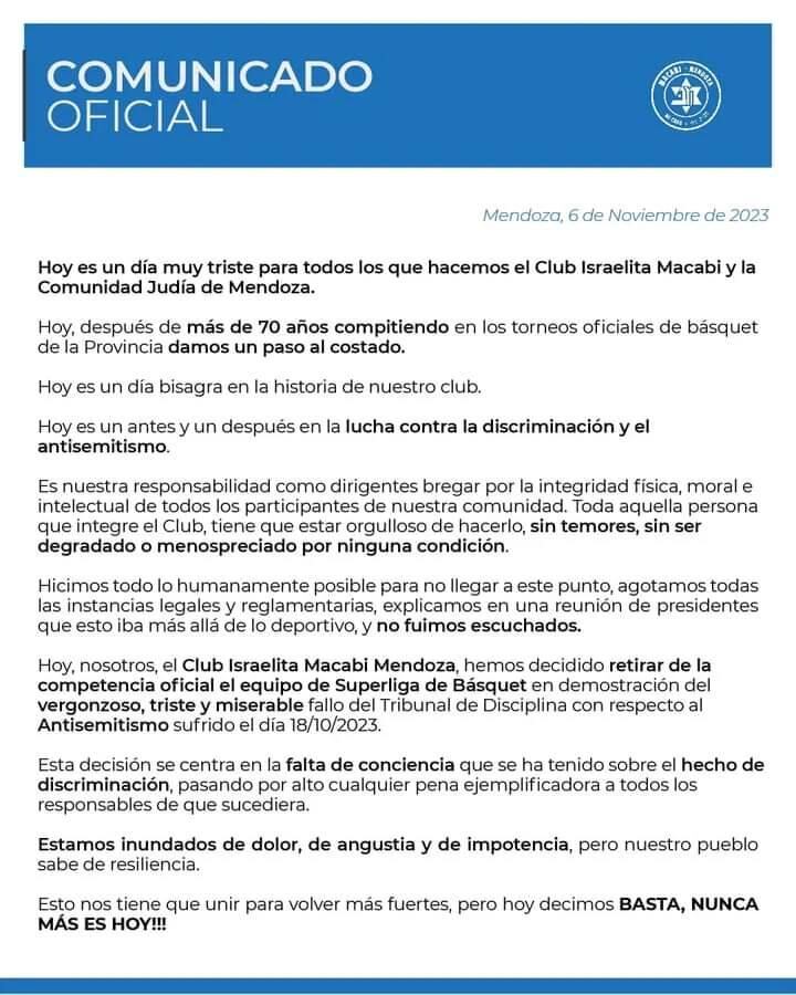 Comunicado oficial de Macabi. / Gentileza.