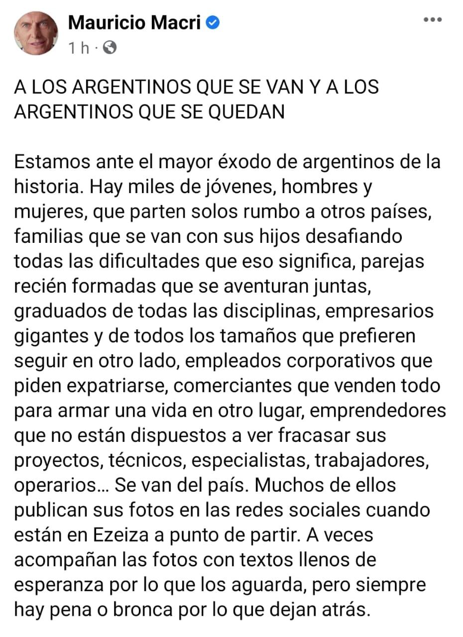 Mauricio Macri publicó una carta para todos los argentinos que se van del país.