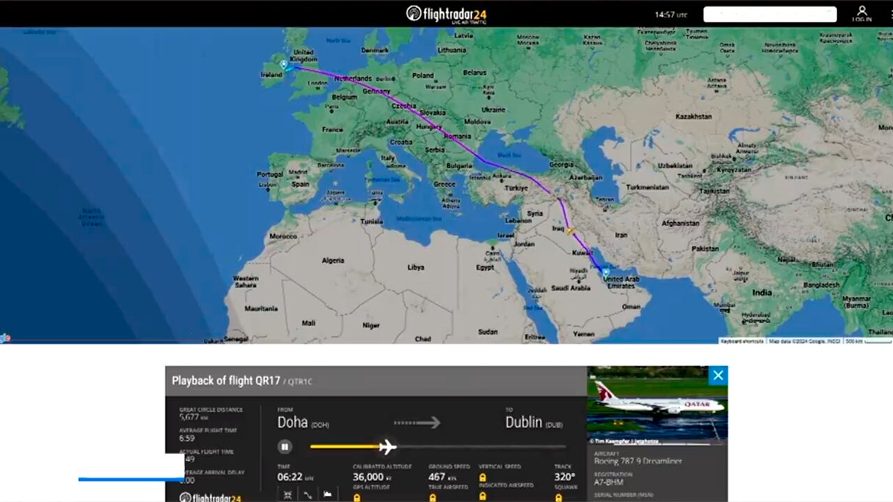 El trayecto del avión afectado por la turbulencia. Captura: RTE News