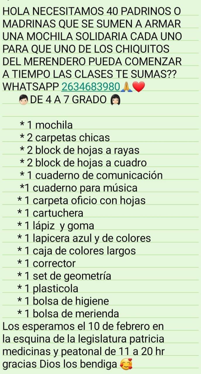 Campaña de padrinos mágicos y solidarios para conseguir una mochila con útiles escolares para casi 400 niños de Junín.