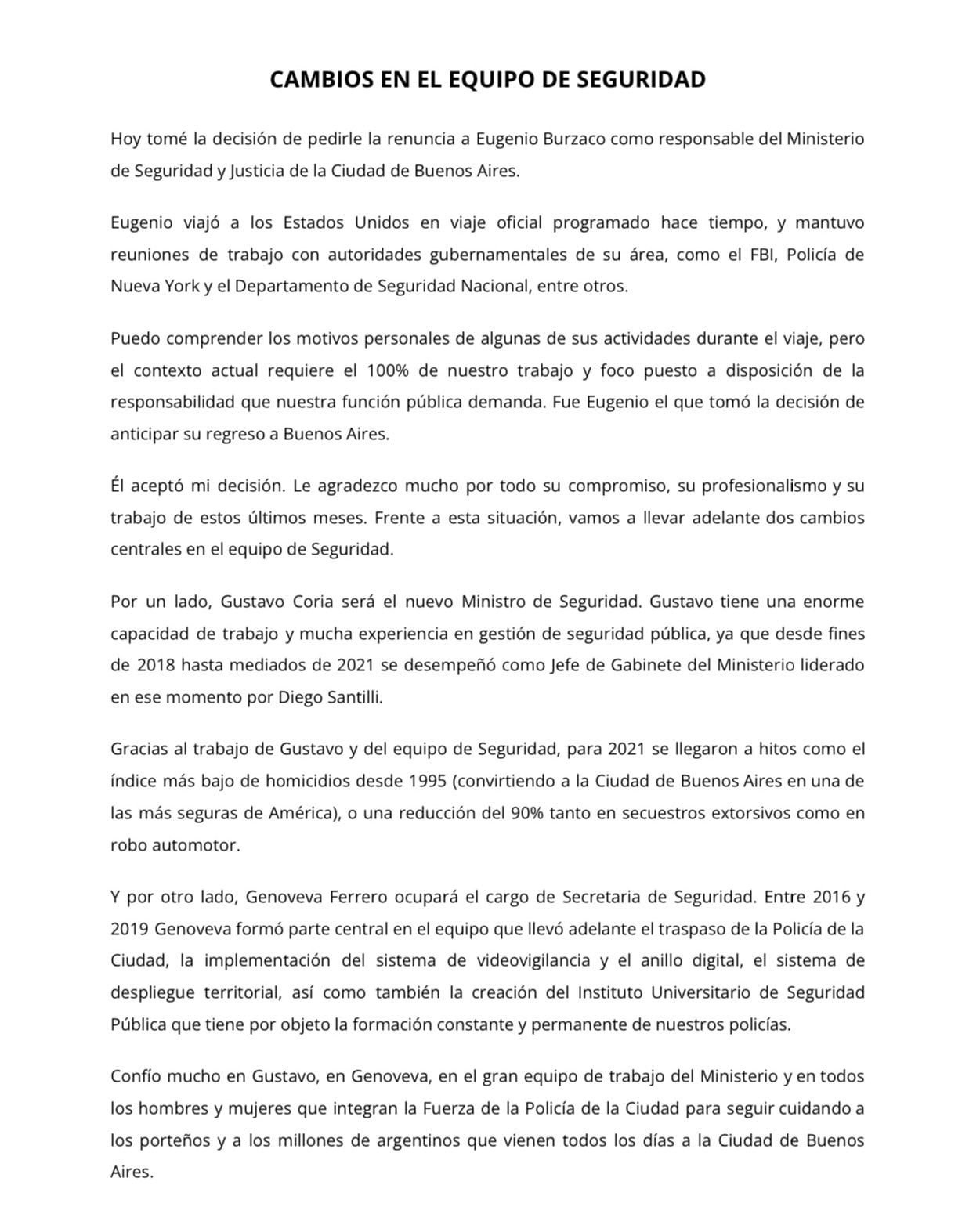 Comunicado de Larreta, sobre la renuncia de Eugenio Burzaco y las nuevas asignaciones. Foto: X / @horaciorlarreta