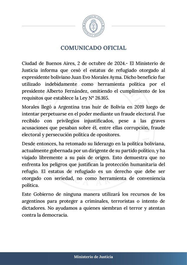 Comunicado oficial sobre el expresidente boliviano Juan Evo Morales Ayma / @MinJusticia_Ar