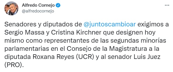 El senador nacional Alfredo Cornejo  exigió que se designen a los representantes del Consejo de la Magistratura.