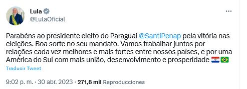 Mandatarios regionales saludaron a Santiago Peña, tras ganar las elecciones presidenciales este domingo. Twitter