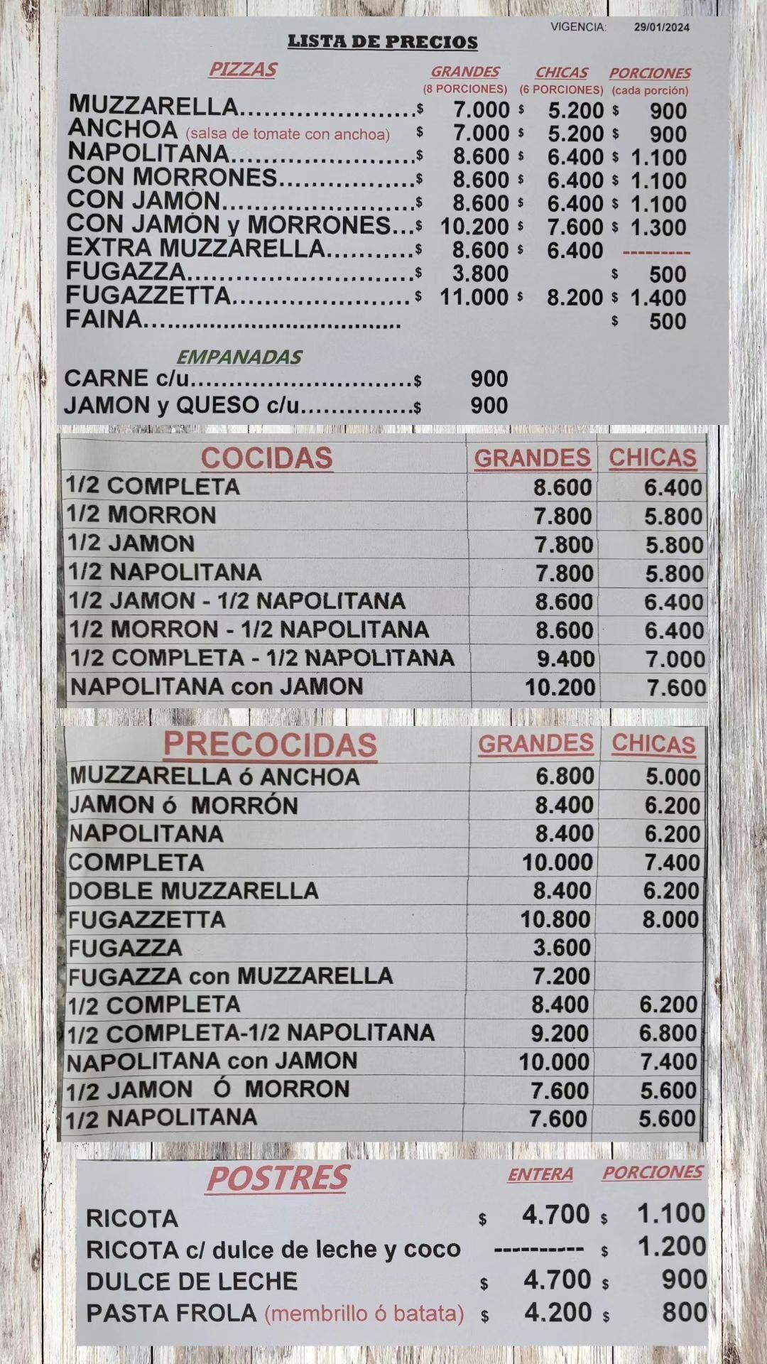 La lista de precios de la carta. Foto: @pizzerialamezzetta.