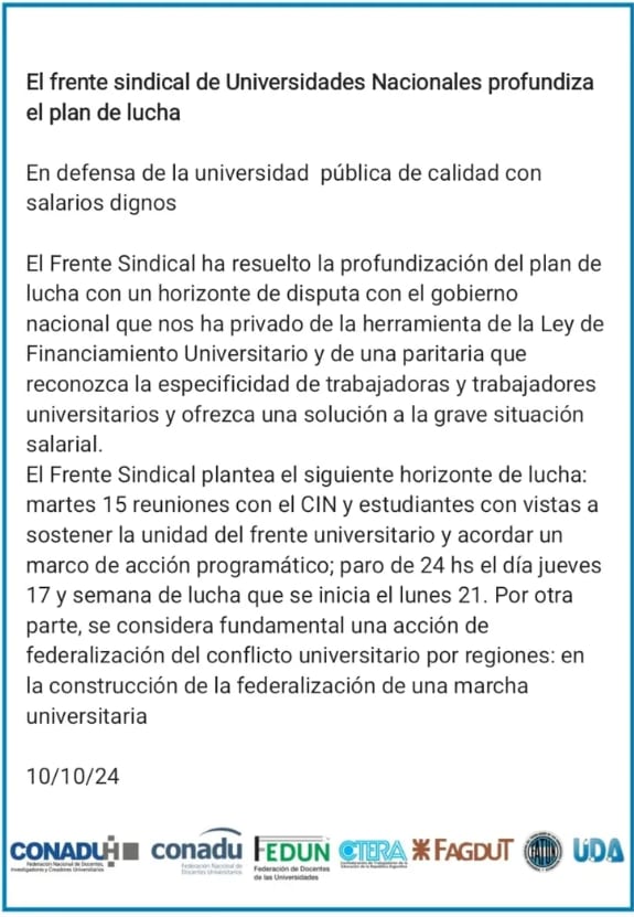 Comunicado del Frente Sindical de Universidades Nacionales (FSUN).