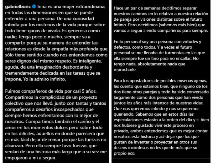 El extenso posteo del mandatario chileno en el que explicó los motivos del público anuncio de su separación. Foto: Gabriel Boric en Instagram