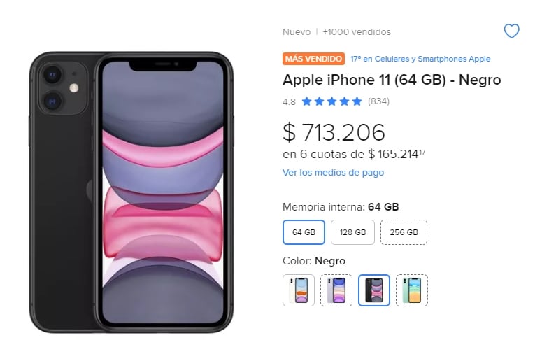 El mismo modelo del teléfono se puede comprar a $713.206. 