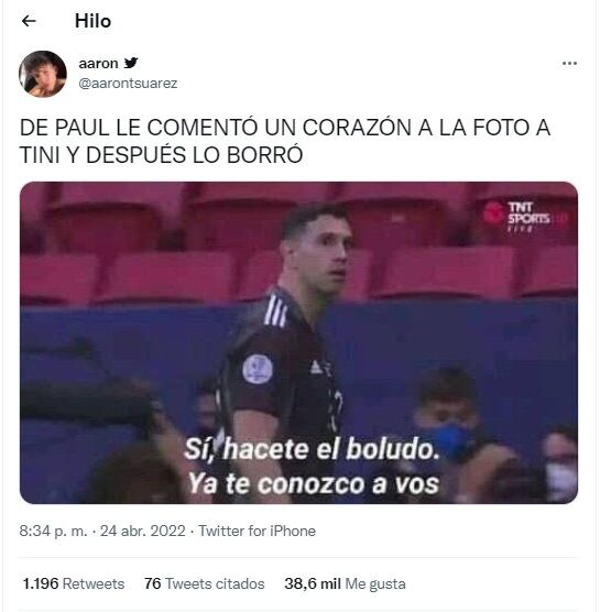 Los fans vieron que De Paul le comentó a Tini con un corazoncito blanco en una foto de Instagram y luego lo borró.