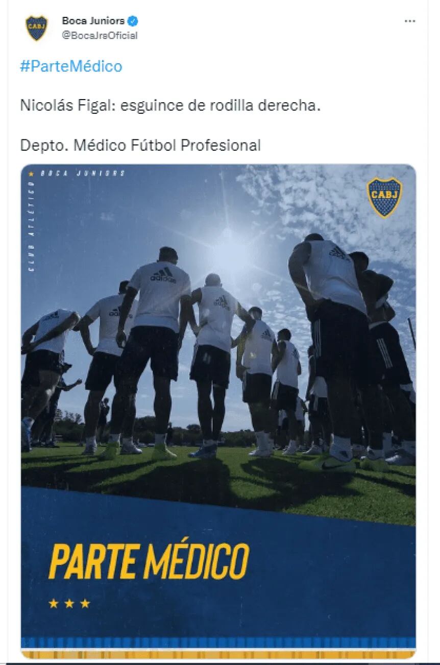 El parted médico de NIcolás Figal que publicó el departamento de Prensa de Boca Juniors. / Gentileza.