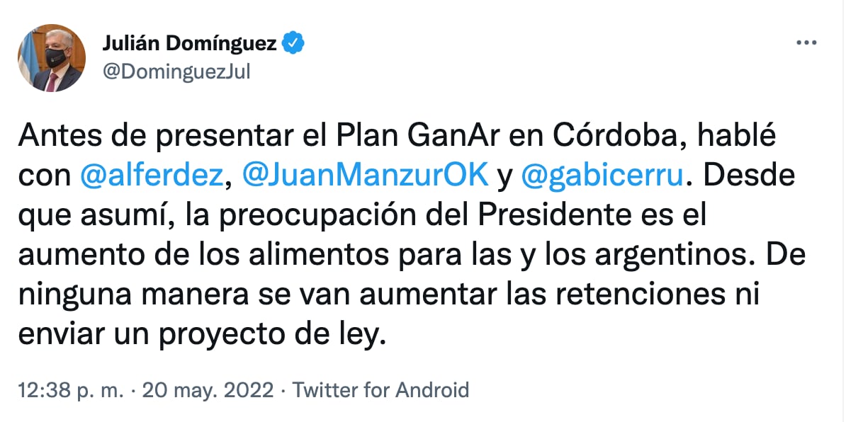 Mensaje de Julián Domínguez para desmentir suba en las retenciones tras las palabras de Alberto Fernández.