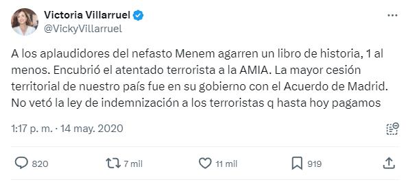 Con este posteo, inició un hilo de 6 publicaciones criticando a Menem. X @vickyvillarruel