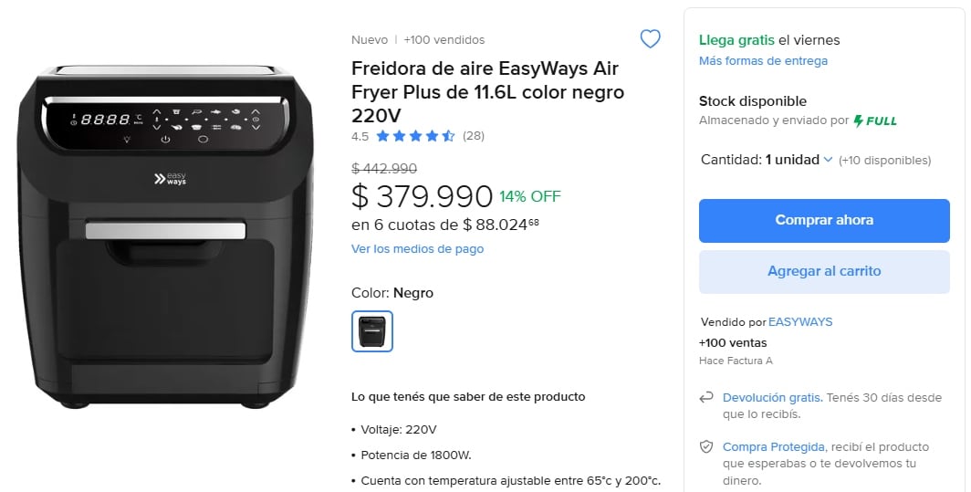 En nuestro país el modelo EasyWays Air Fryer Plus de 11.6L se encuentra en Mercado Libre a un precio de $379.990 argentinos.