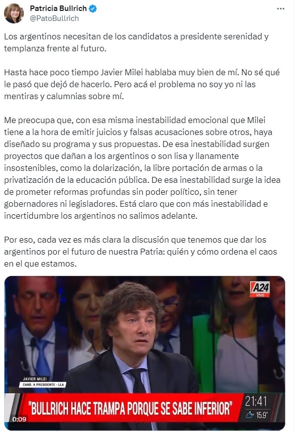 El descargo de Bullrich contra Milei, quien la acusó de "poner bombas en un jardín de infantes" (X)