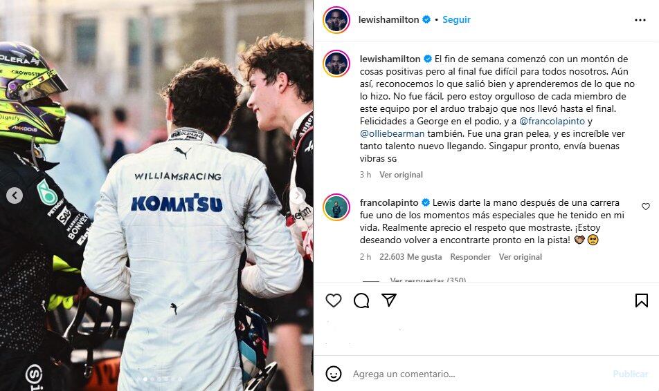 De Lewis Hamilton para Franco Colapinto. Y respuesta inmedia. Fantástico.