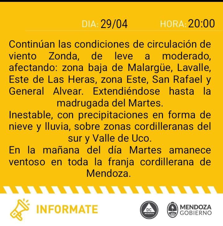 Alerta amarilla por Zonda: zona baja de Malargüe, Lavalle, Este de las Heras, zona Este, San Rafael, y General Alvear. (Defensa Civil)