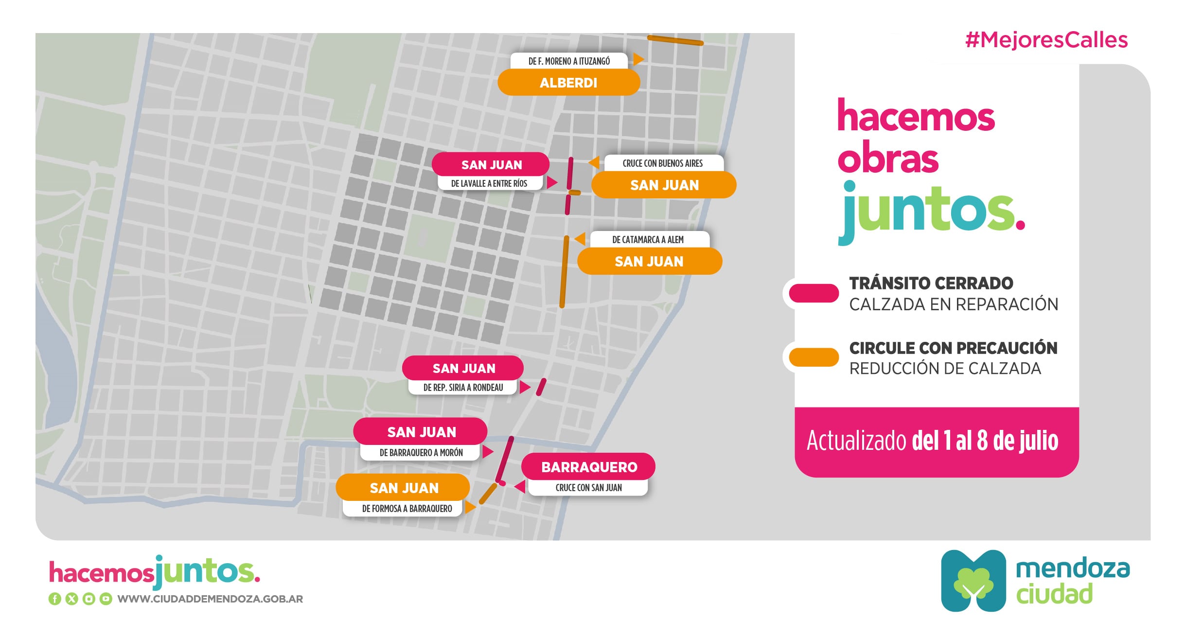 Nuevo detalle semanal de cortes de tránsito por las labores que realiza Aysam: la situación actual de calle San Juan.