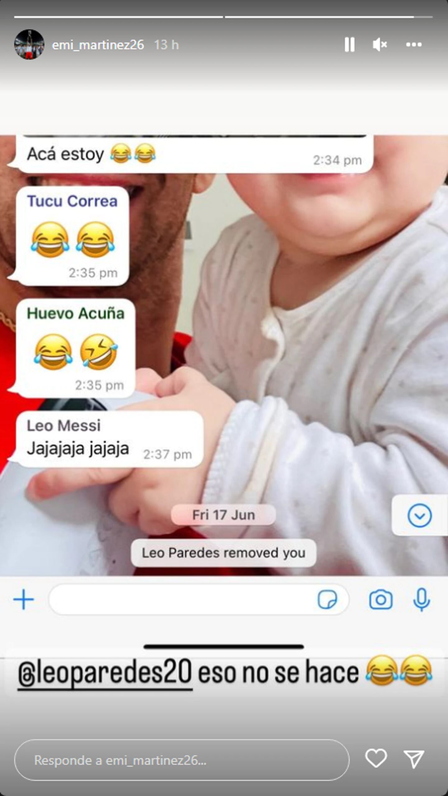 La broma, que arrancó el viernes en el programa de Granados, tuvo su continuidad a través de las redes sociales en donde el arquero mostró el chat y respondió: “Eso no se hace”, a lo que agregó algunos emoticones de risas.