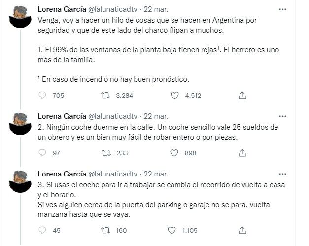 Una argentina que vive en España dedicó un hilo a la inseguridad y le llovieron las críticas por "exagerada" (Twitter)