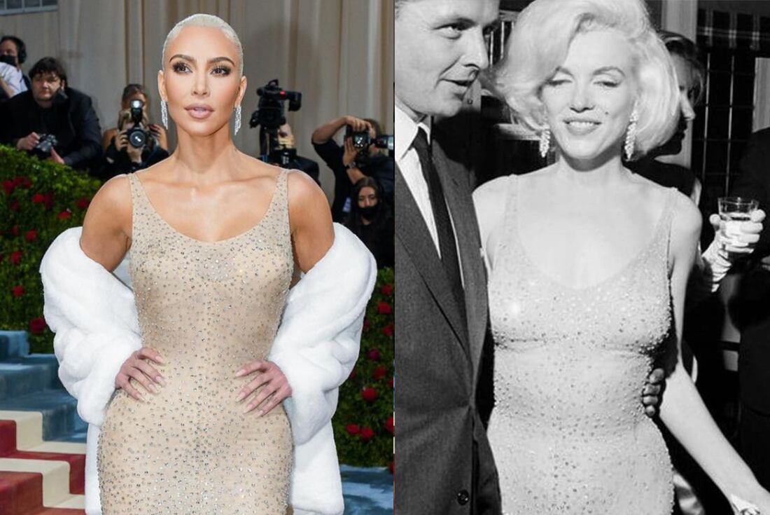 A la izquierda, Kim Kardashian en la MET Gala. A la derecha, Marilyn Monroe en su icónico vestido en 1966.