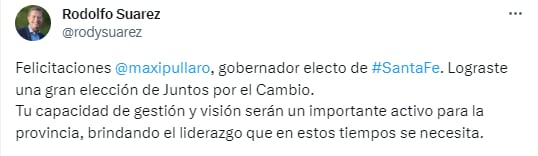 El gobernador Rodolfo Suárez saludó al gobernador electo en Santa Fe, Maximiliano Pullaro.