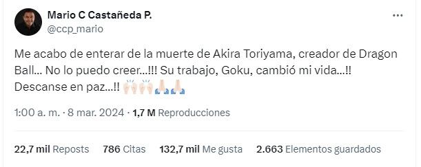 La despedida de Mario Castañeda, voz de Goku en Latinoamérica, a Akira Toriyama, creador de Dragon Ball (X)