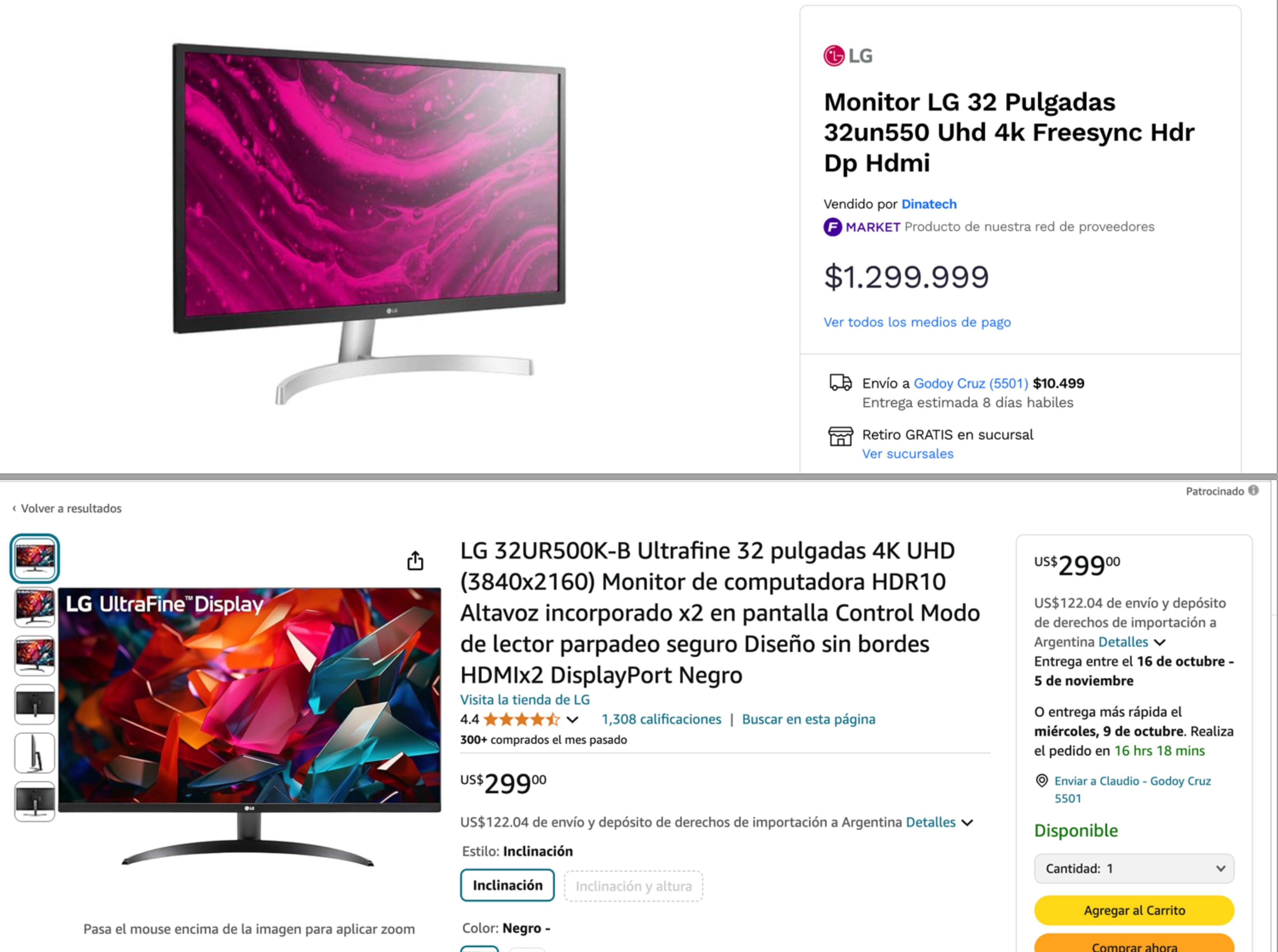 Un monitor de 32 pulgadas con pantalla 4K tiene una diferencia abismal de precio entre una tienda argentina y lo que ofrece Amazon con envío a domicilio al país.