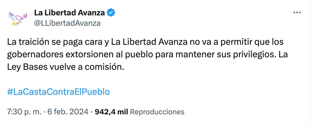 Duros comunicados desde el oficialismo tras el revés parlamentario de la ley ómnibus, incluido un mensaje del presidente Javier Milei.