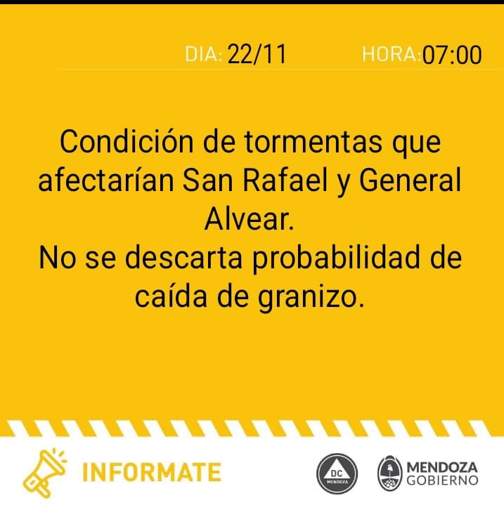 Alerta amarilla por tormentas en Mendoza.