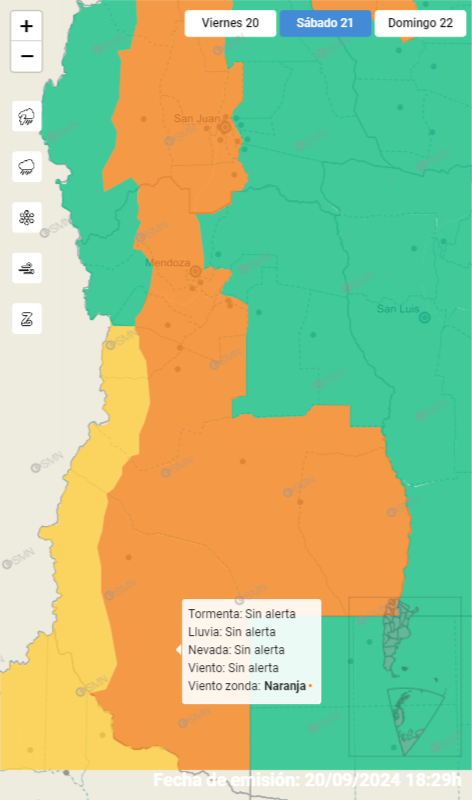 El Servicio Meteorológico Nacional emitió una alerta naranja por zonda en distintas partes de la provincia de Mendoza.