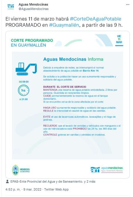 Corte programado en Guaymallén