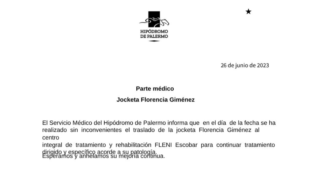 Florencia Giménez fue trasladada al Instituto Fleni.