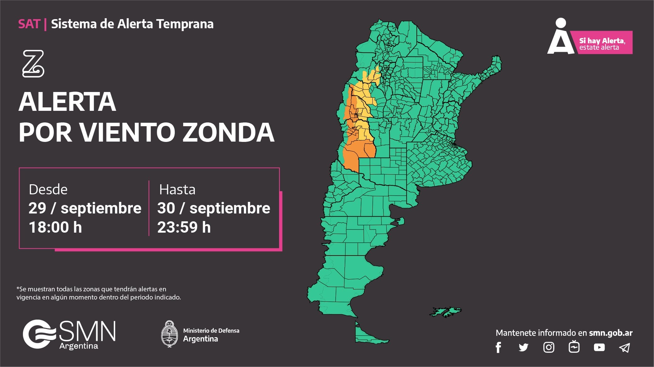 Alerta del Servicio Meteorológico Nacional por Zonda en Mendoza. Imagen: X / @SMN_Alertas