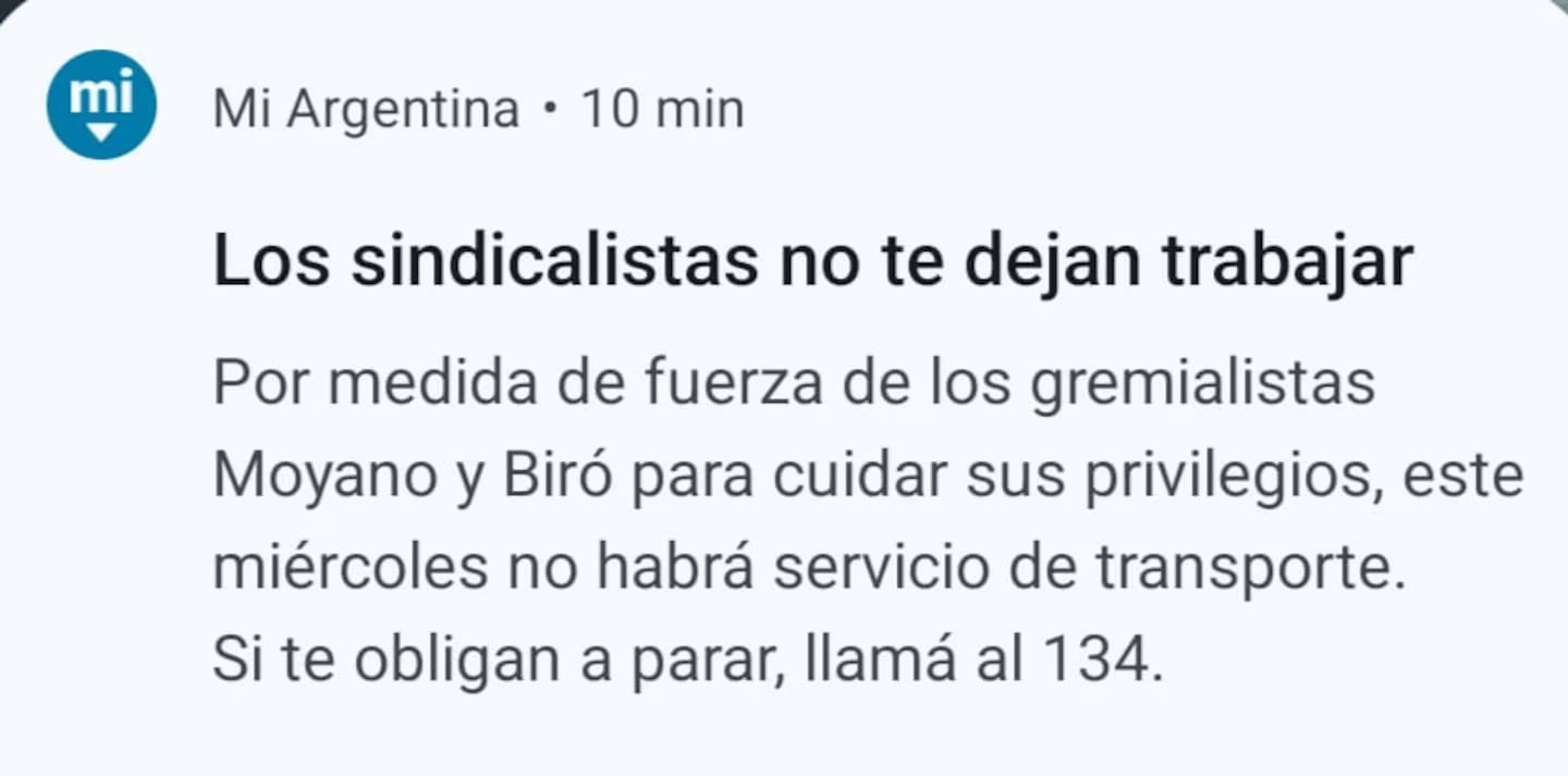 El polémico mensaje en la app Mi Argentina.