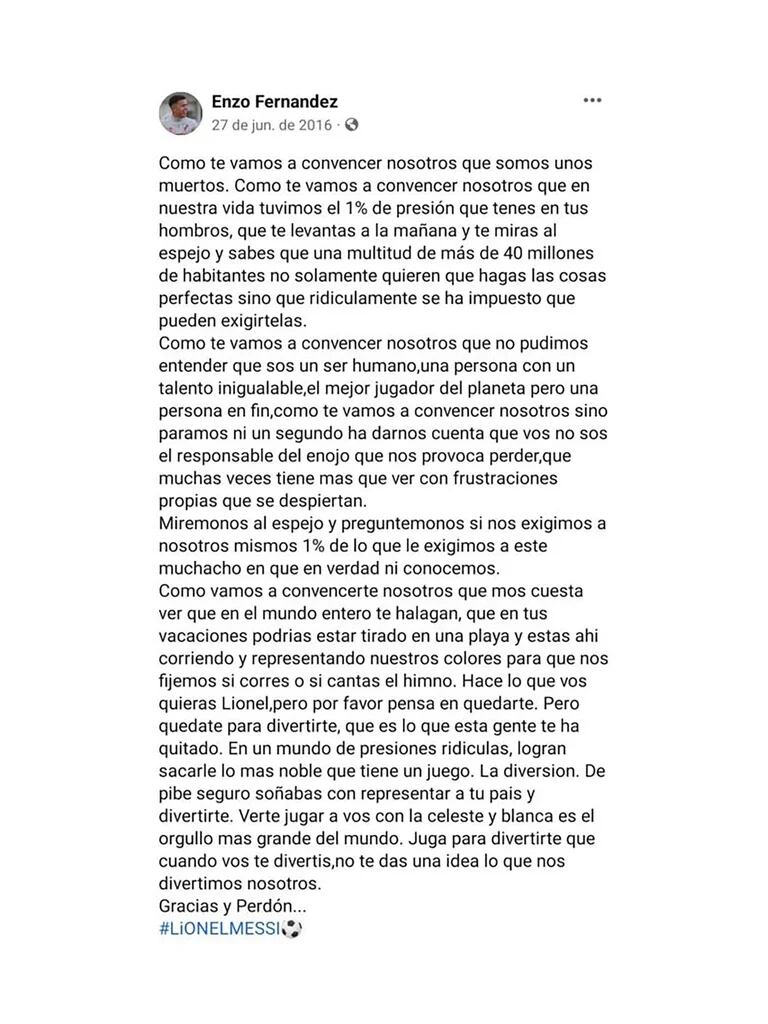 La carta completa de Enzo Fernández publicada en su perfil de Facebook. Foto: Captura Facebook - Enzo Fernández