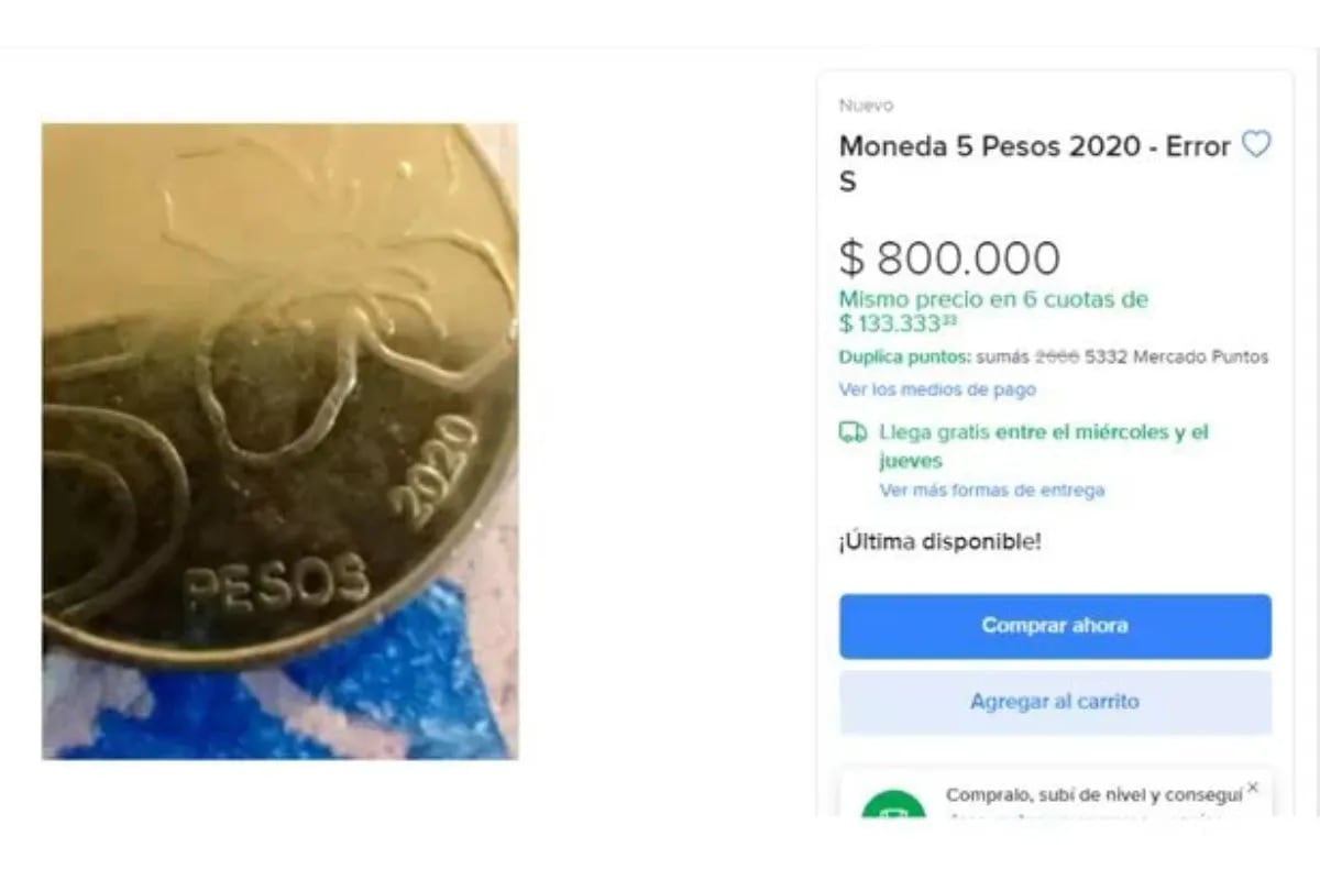 Ofrecen hasta 800.000 pesos por una moneda de 5 pesos emitida en 2017.