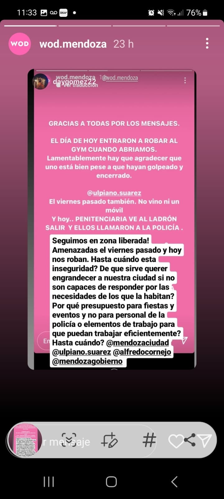 un estado de Instagram de  la denunciante.